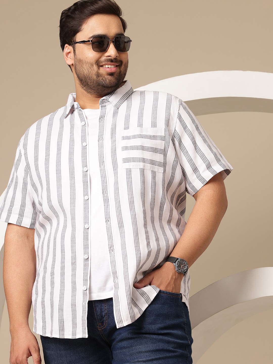 

Sztori Men Plus Size Striped Casual Shirt, White