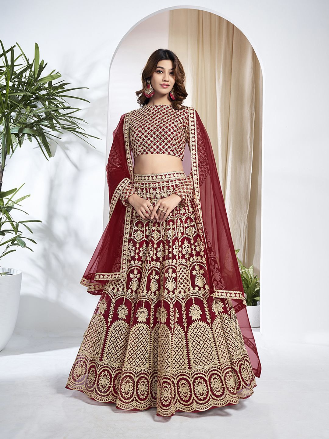 

Inddus Embroidered Thread Work Semi-Stitched Lehenga & Unstitched Blouse With Dupatta, Maroon