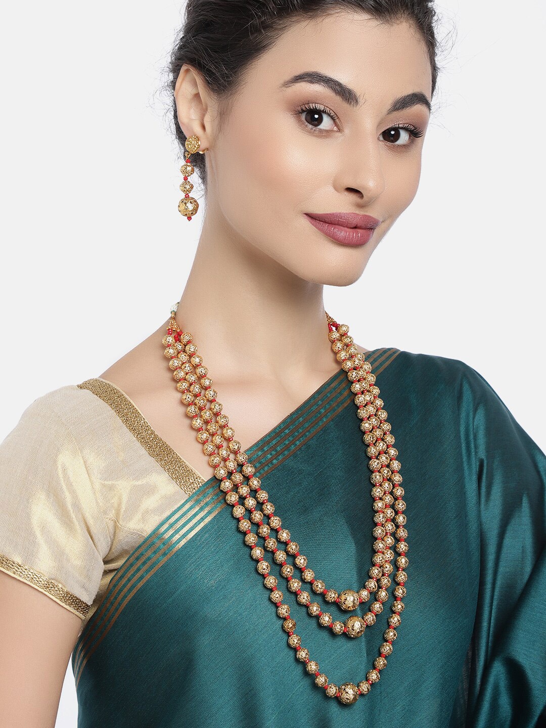 

Anouk Women Gold Plated Multi-String Antique Mala Long Necklace Set with Earrings