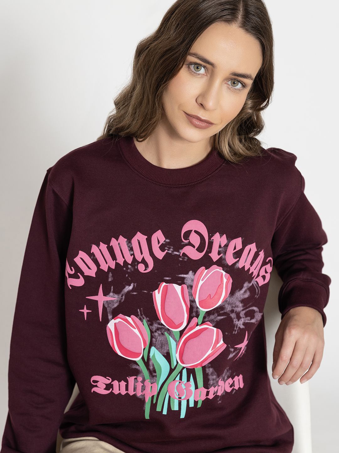 

Lounge Dreams Women Printed Sweatshirt, Maroon