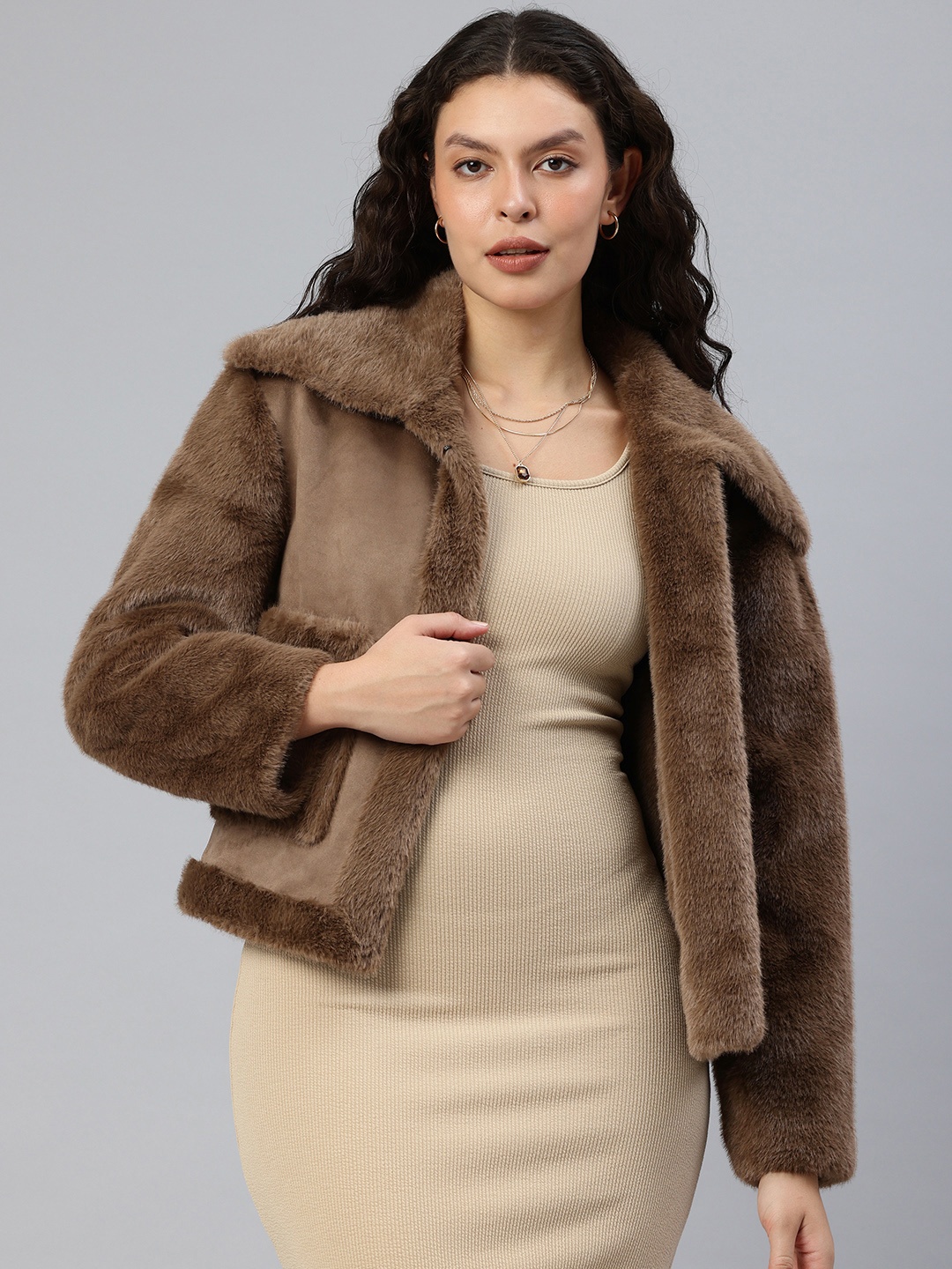 

London Rag Tailored Faux Fur Jacket, Brown