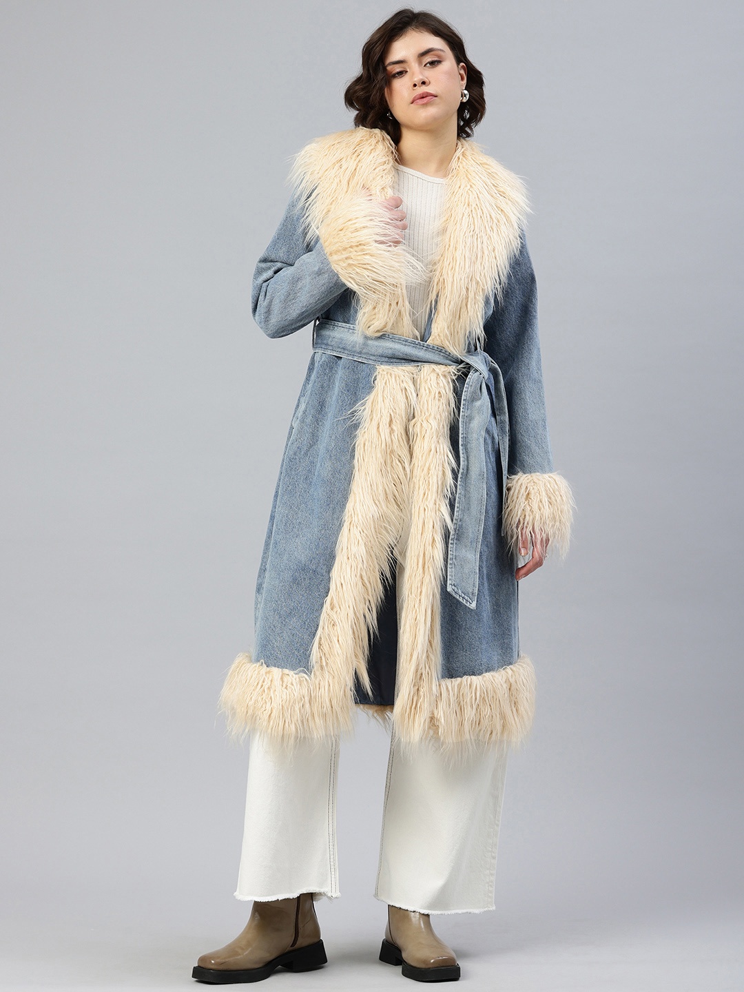 

London Rag Longline Faux Fur Trim Detailed Trench Coat, Blue