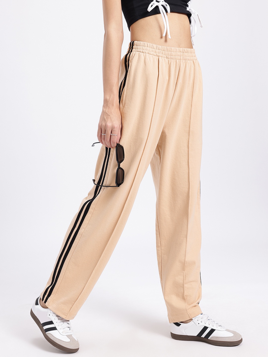 

glitchez Women Urban Essentials Side Stripes Pleated Regular Trousers, Beige