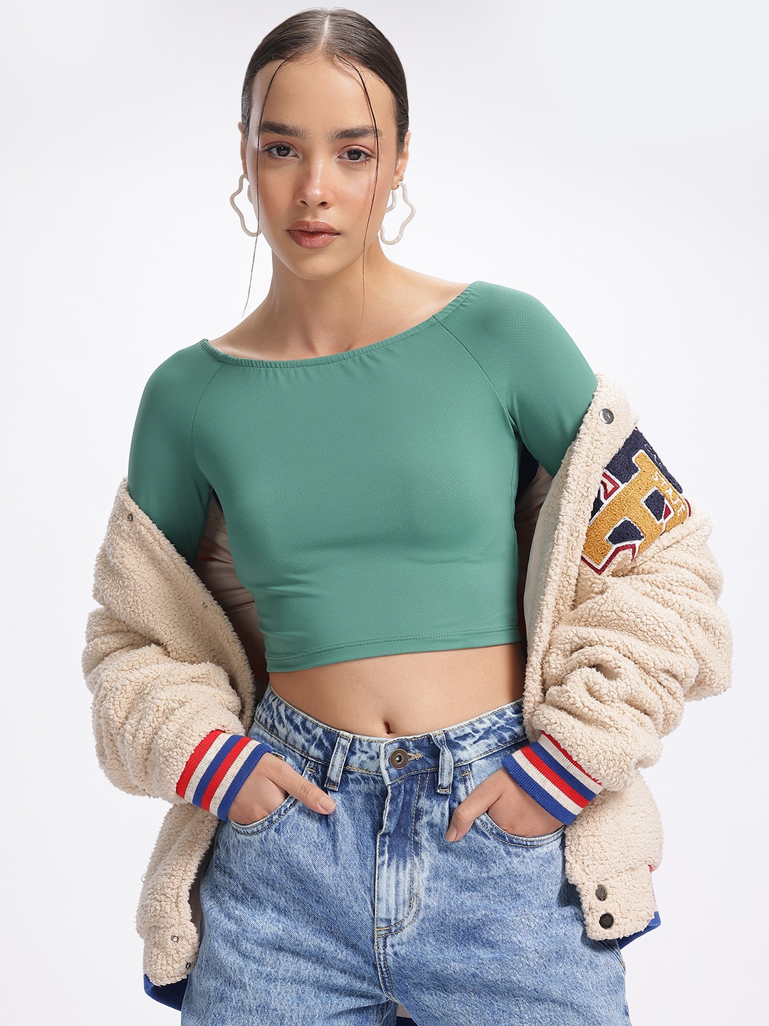 

glitchez Bubbly Basics Self-Design Boat Neck Fitted Crop Top, Green