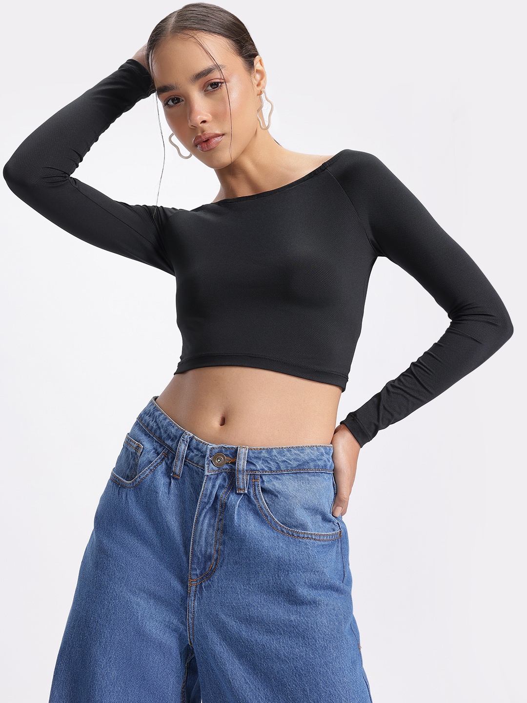 

glitchez Just Basics Self-Design Boat Neck Fitted Crop Top, Black