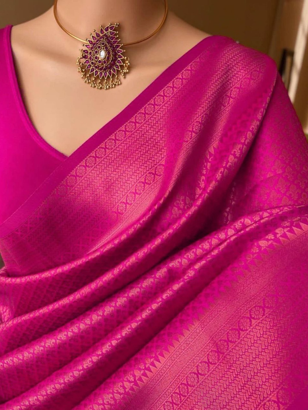 

Wuxi Woven Design Zari Pure Silk Saree, Pink