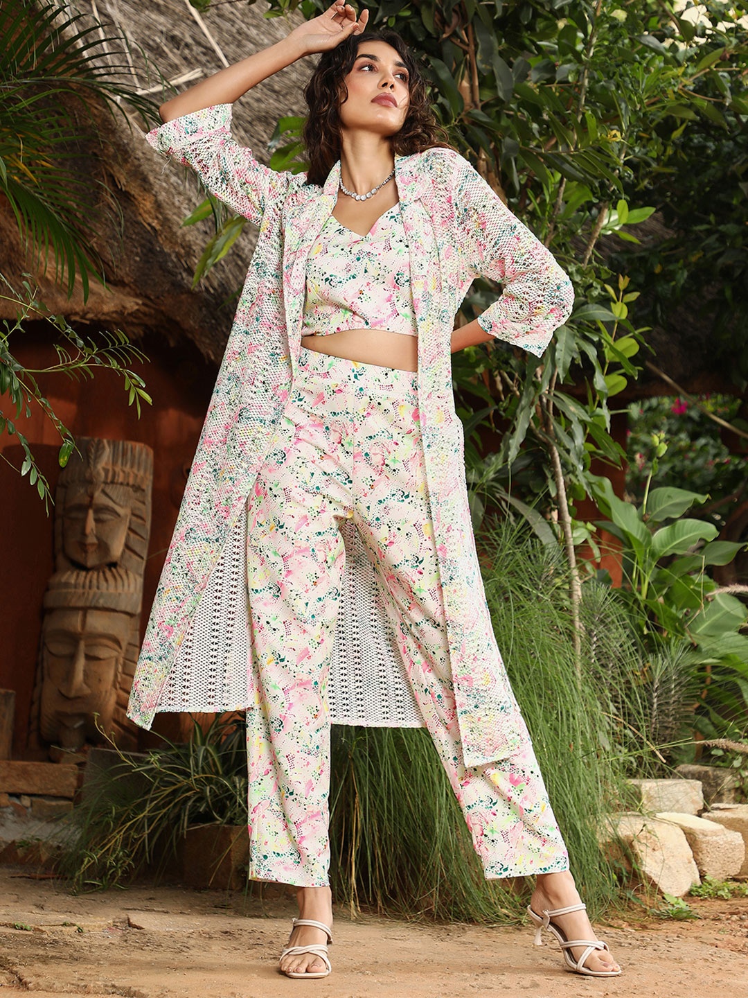 

QISSA Printed Top & Shrugs With Trouser Co-Ords, White