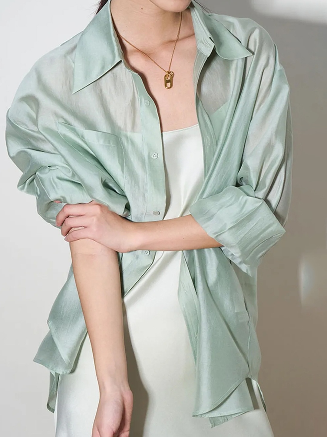 

LULU & SKY Puff Sleeve Shirt Style Top, Green