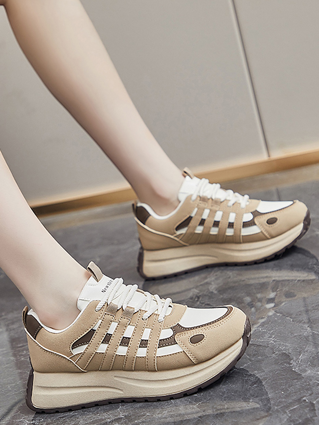 

LULU & SKY Women Striped PU Sneakers, Khaki