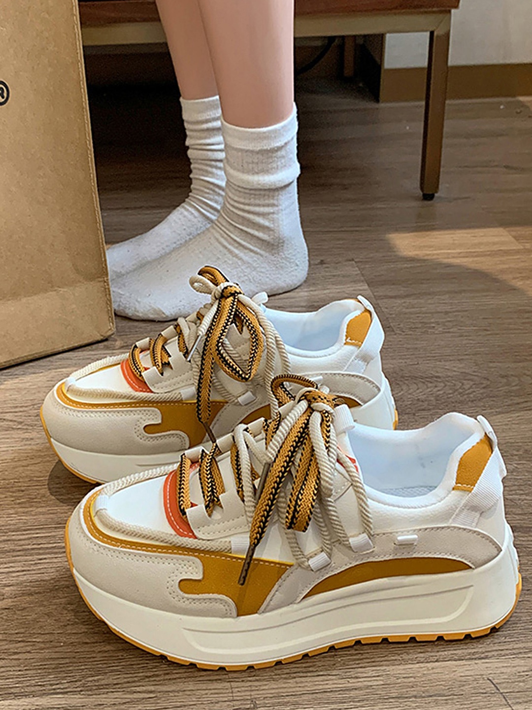 

LULU & SKY Women Colourblocked PU Lace-Up Sneakers, Yellow