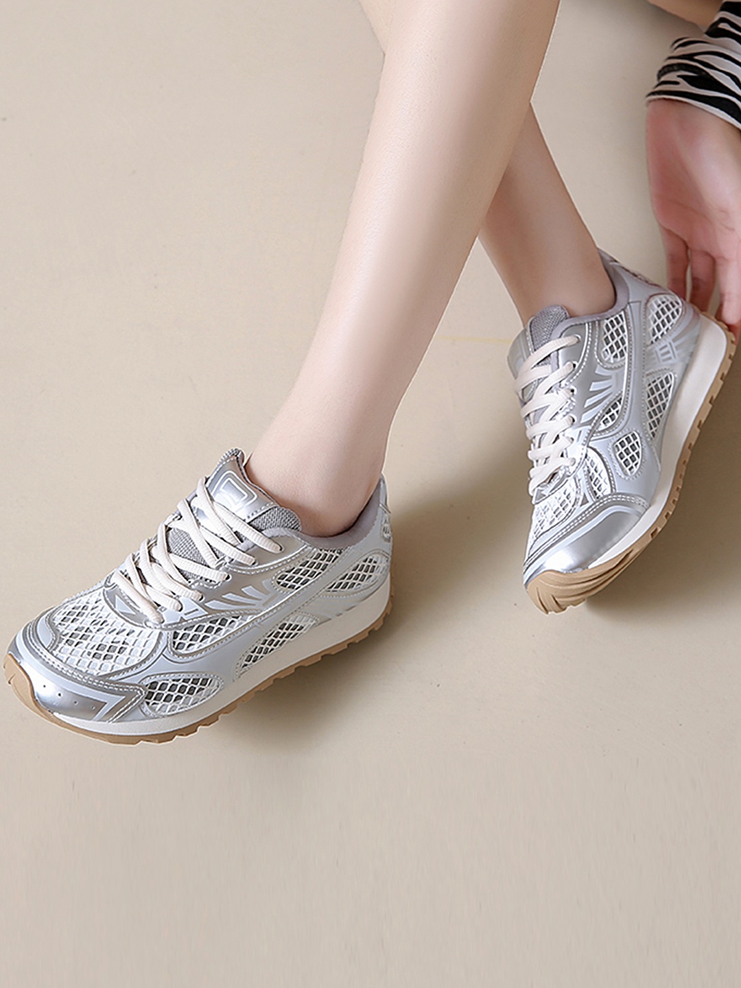 

LULU & SKY Women Striped Sneakers, Silver