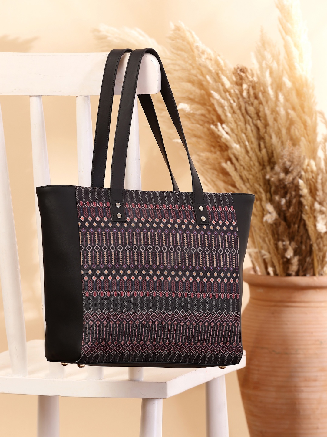 Anouk Ethnic Motifs Printed Shopper Tote Bag, Black