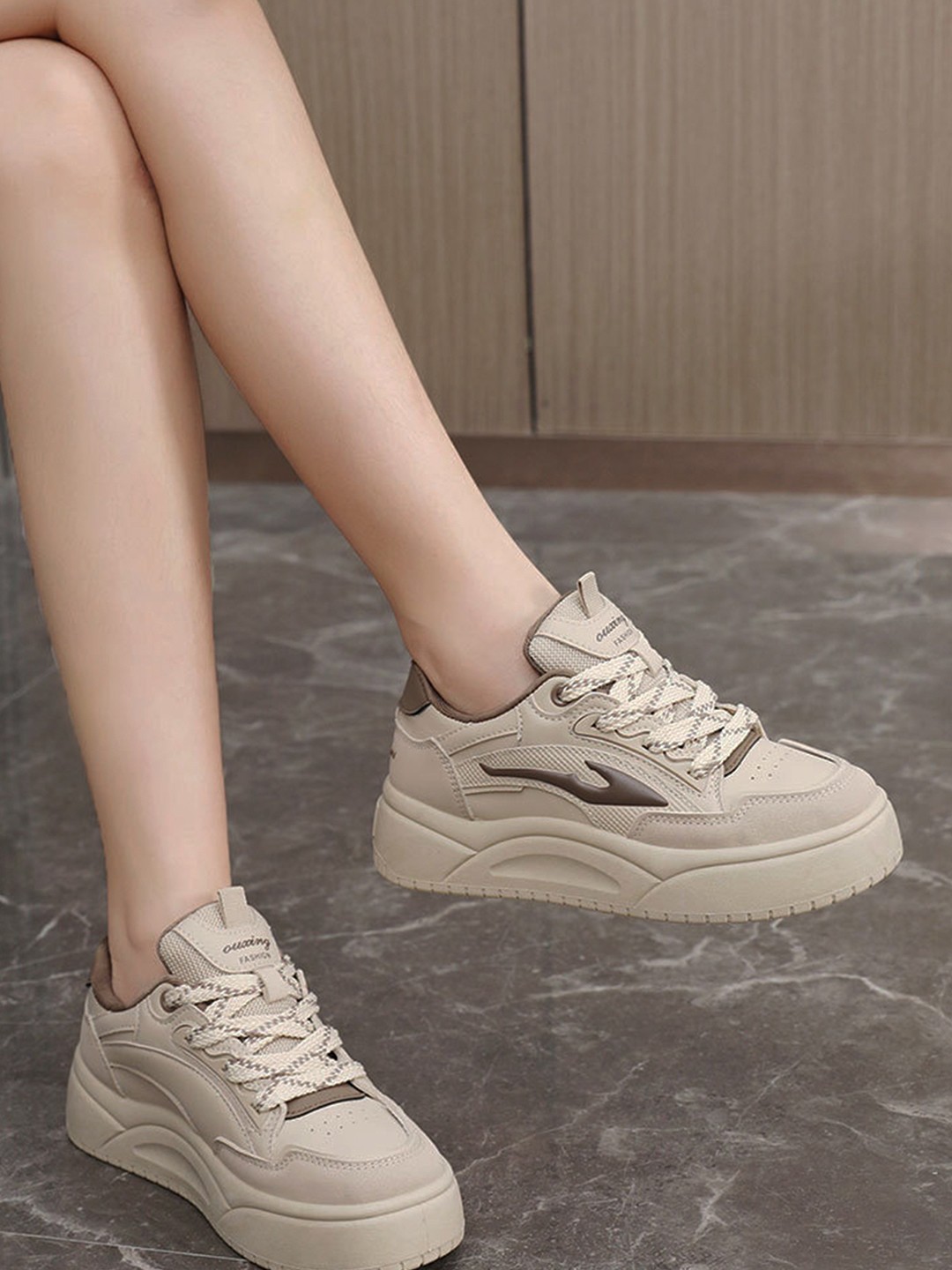 

LULU & SKY Women Colourblocked PU Sneakers, Khaki