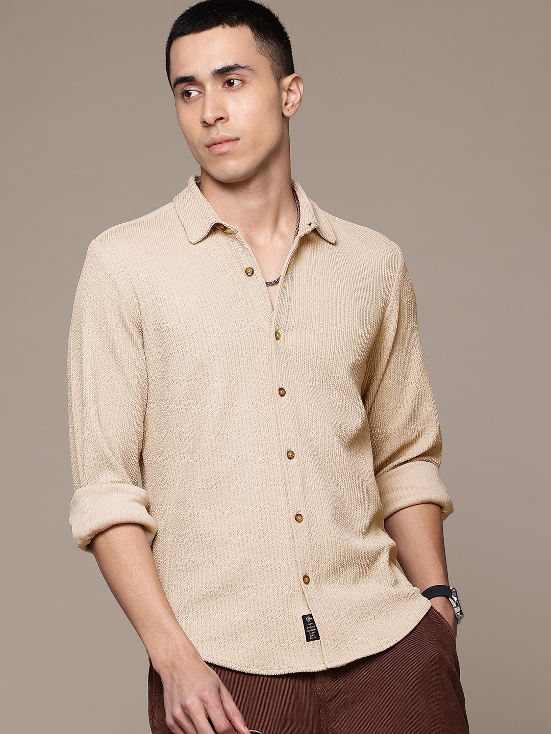 

The Roadster Lifestyle Co. Men Comfort Textured Casual Shirt, Beige