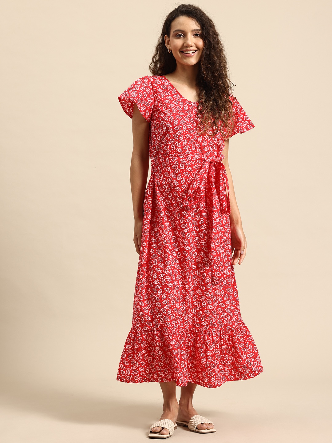 

Blush 9 Maternity Floral Print Flared Sleeve Maternity A-Line Maxi Dress, Red