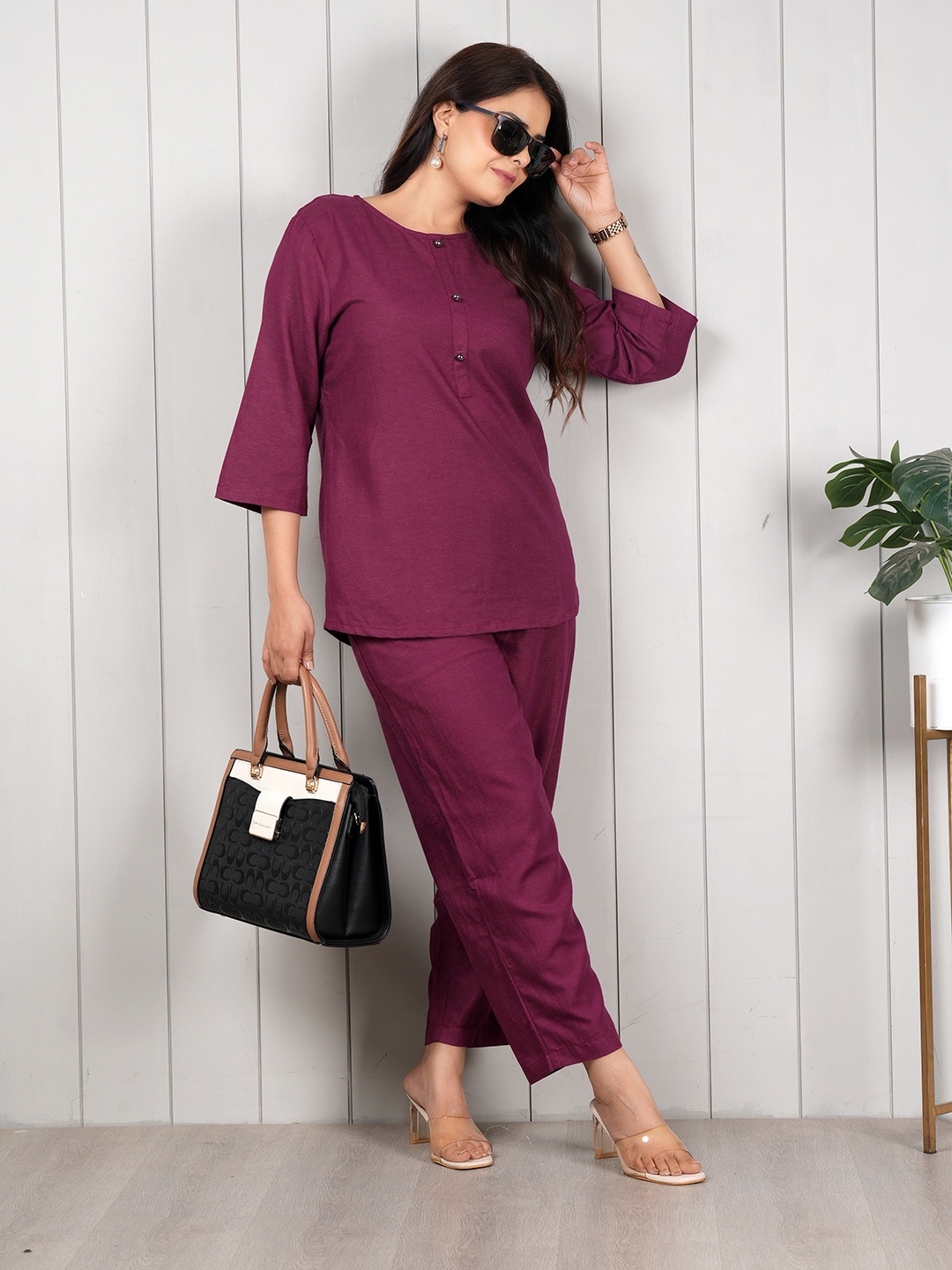 

Style Shoes Three-Quarter Sleeve Top With Trouser Co-Ords, Maroon