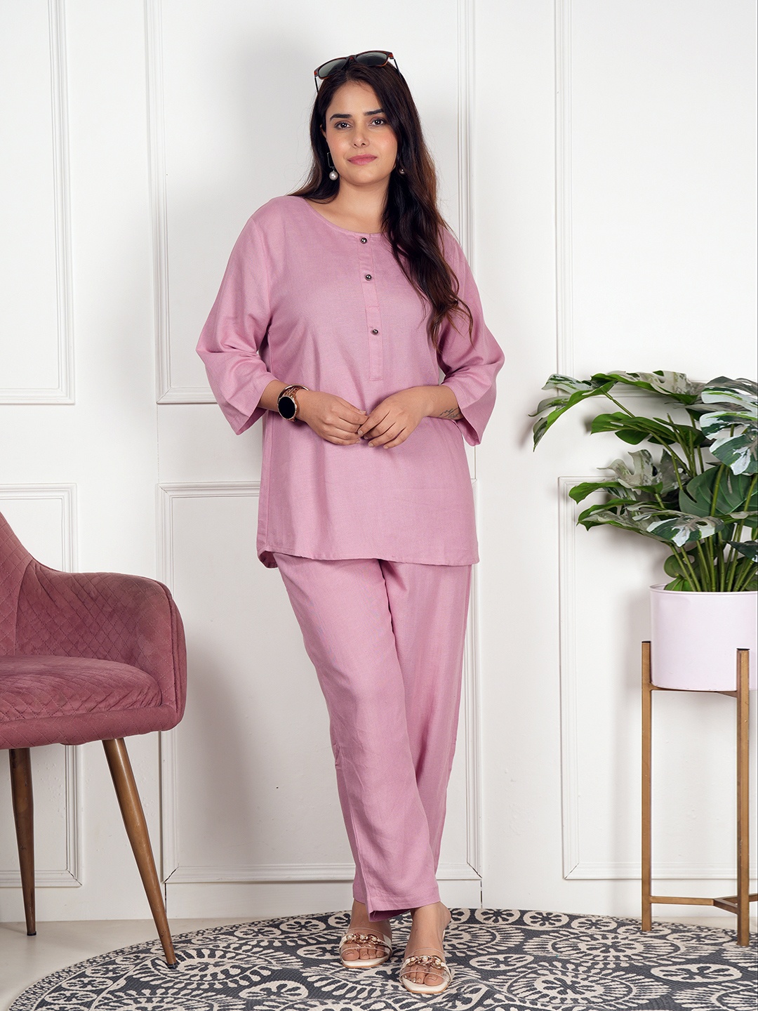 

Style Shoes Round Neck Top With Trouser Co-Ords, Pink