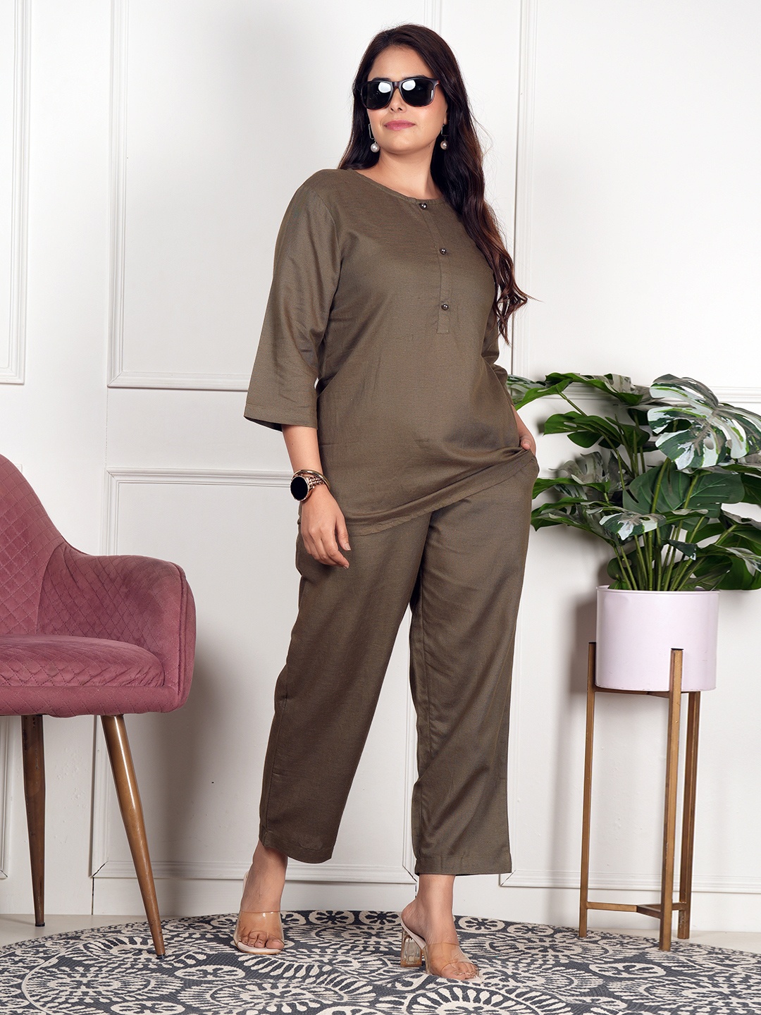 

Style Shoes Three-Quarter Top With Trouser Co-Ords, Green