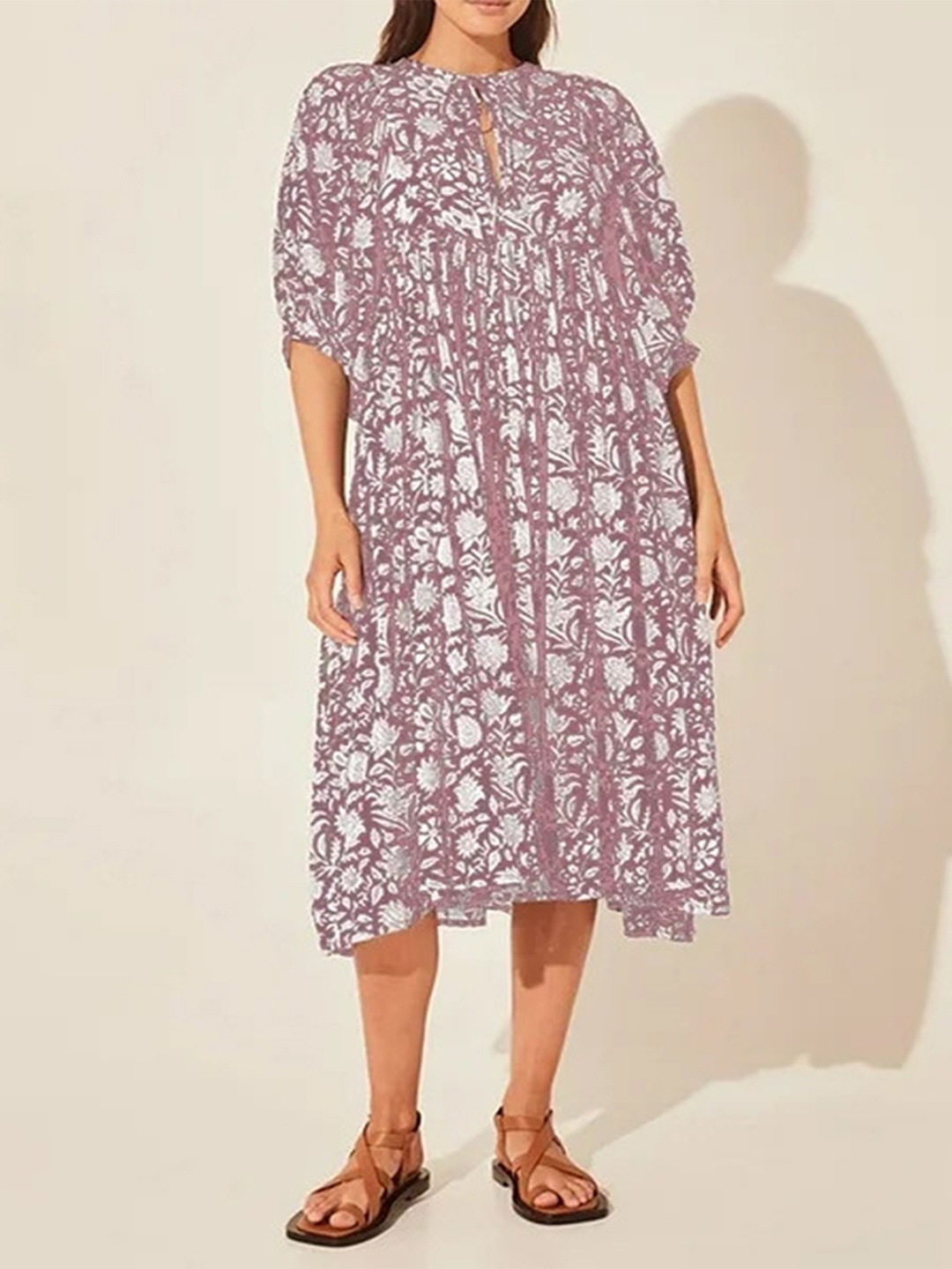 

LULU & SKY Ethnic Motifs Print Tie-Up Neck A-Line Midi Dress, Purple