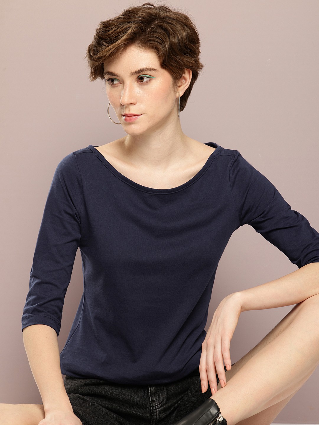 

Kook N Keech Boat Neck Pure Cotton Top, Navy blue