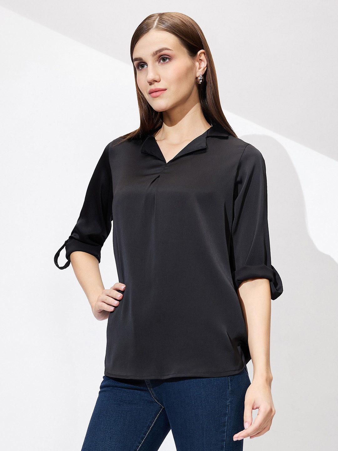 

Globus Cuban Collar Roll Up Sleeves Solid Satin Shirt Style Workwear Top, Black