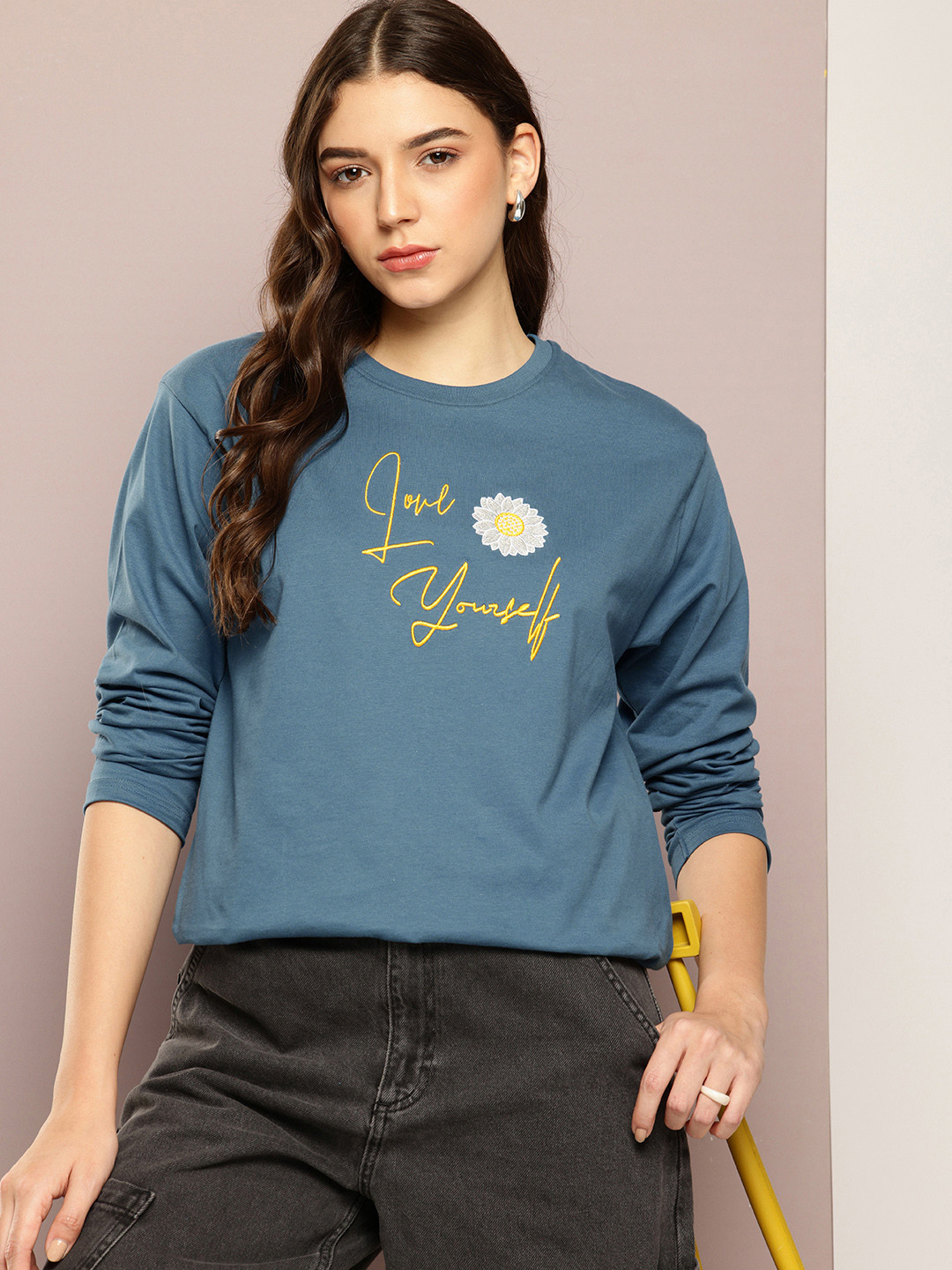 

DILLINGER Pure Cotton Typography Embroidered Oversized Pure Cotton T-shirt, Blue