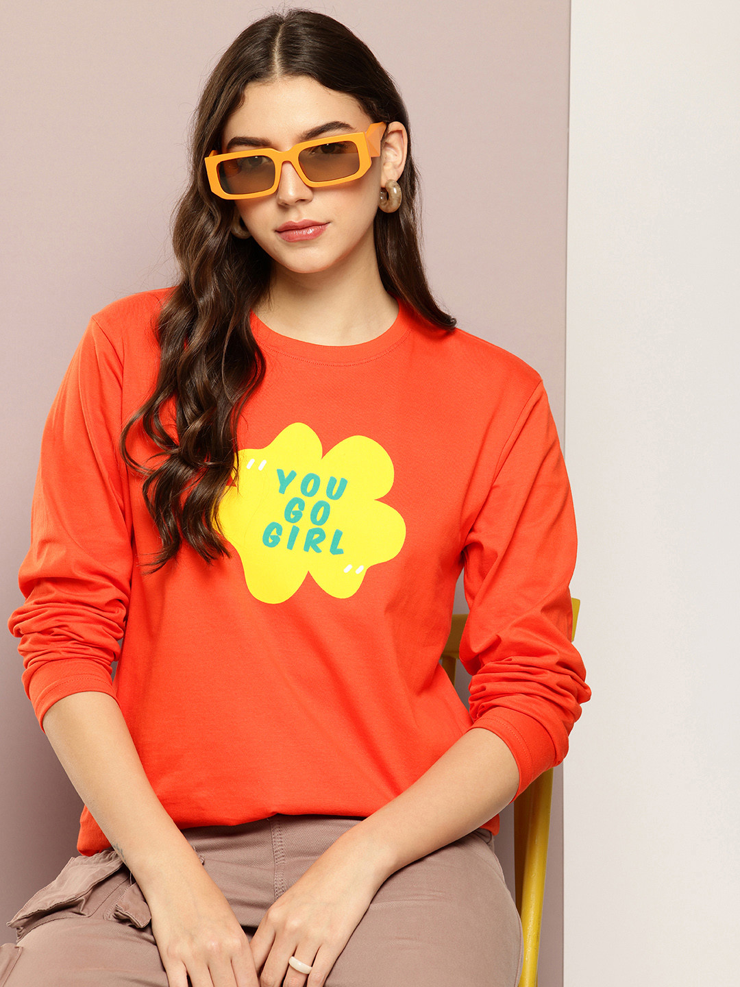 

DILLINGER Typography Printed Drop-Shoulder Sleeves Oversized Pure Cotton T-shirt, Orange