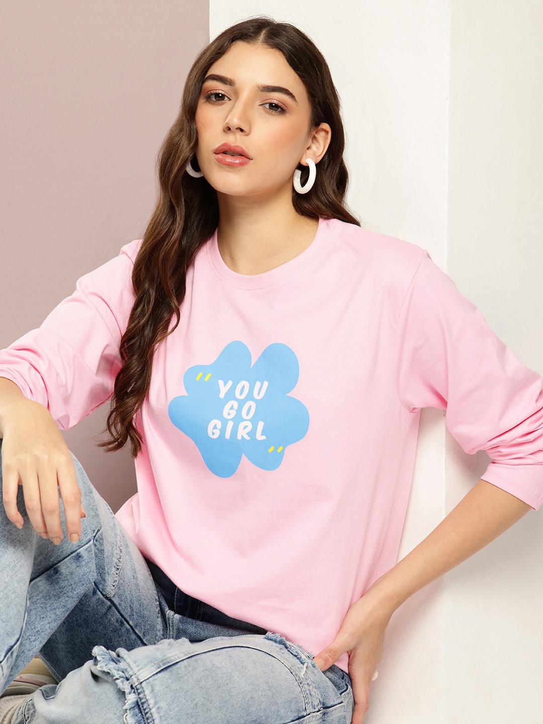 

DILLINGER Typography Printed Drop-Shoulder Sleeves Oversized Pure Cotton T-shirt, Pink