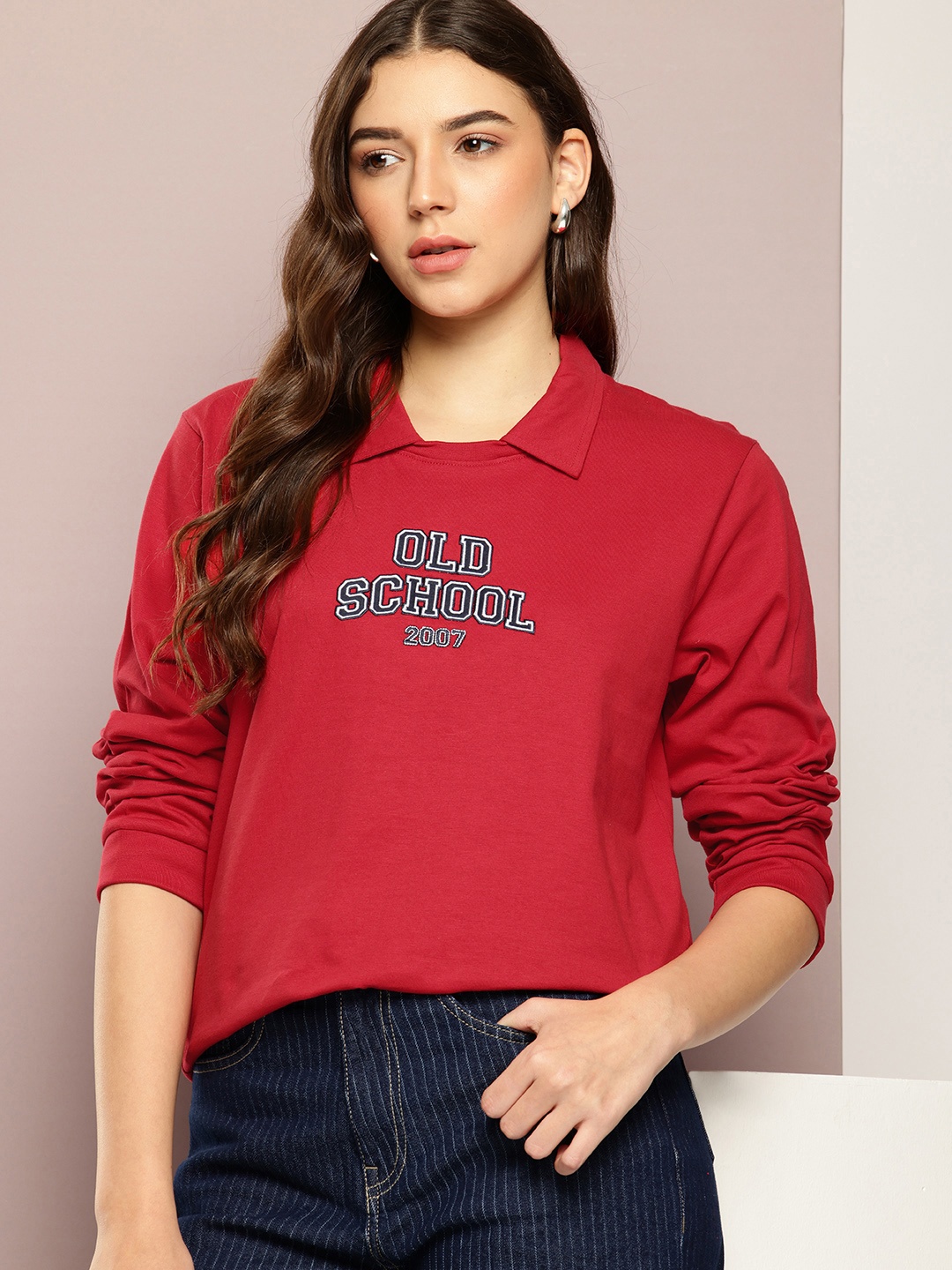 

DILLINGER Typography Embroidered Polo Collar Oversized Pure Cotton T-shirt, Red