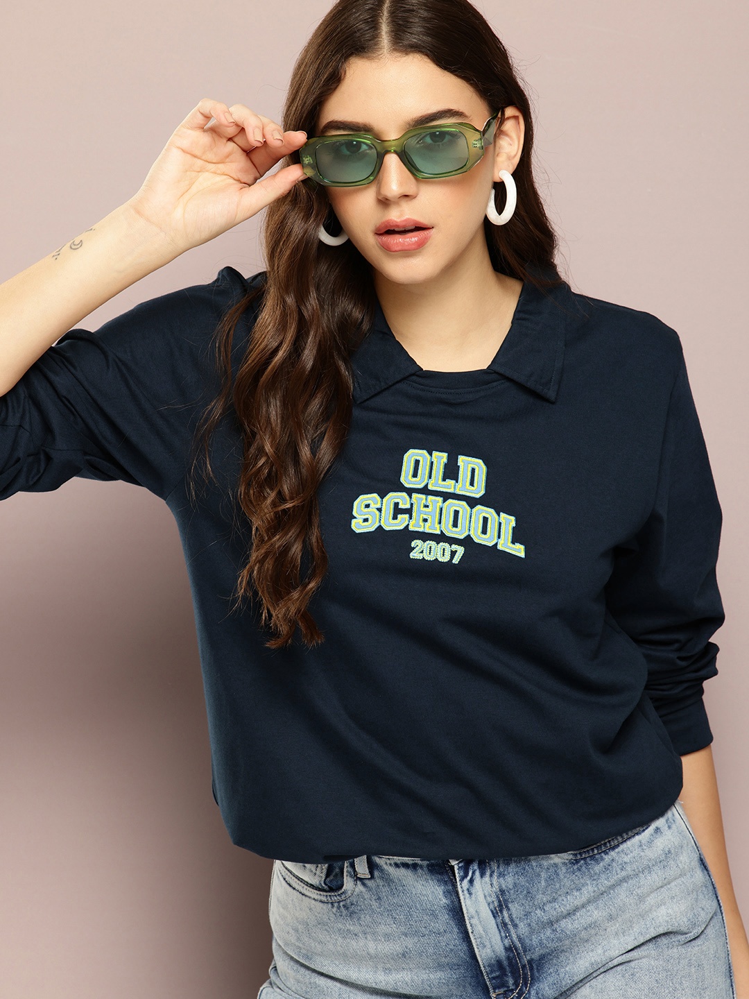 

DILLINGER Typography Printed Polo Collar Oversized Pure Cotton T-shirt, Navy blue