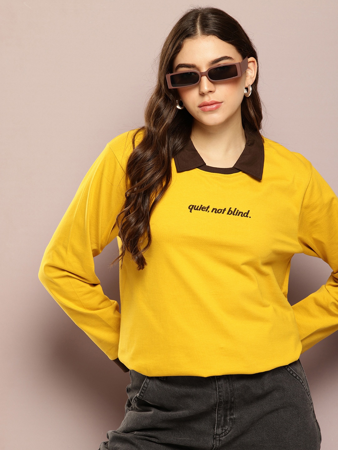 

DILLINGER Typography Printed Polo Collar Oversized Pure Cotton T-shirt, Yellow