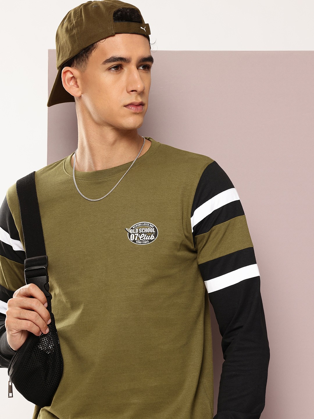 

DILLINGER Colourblocked Striped T-shirt with Typography Detail, Olive