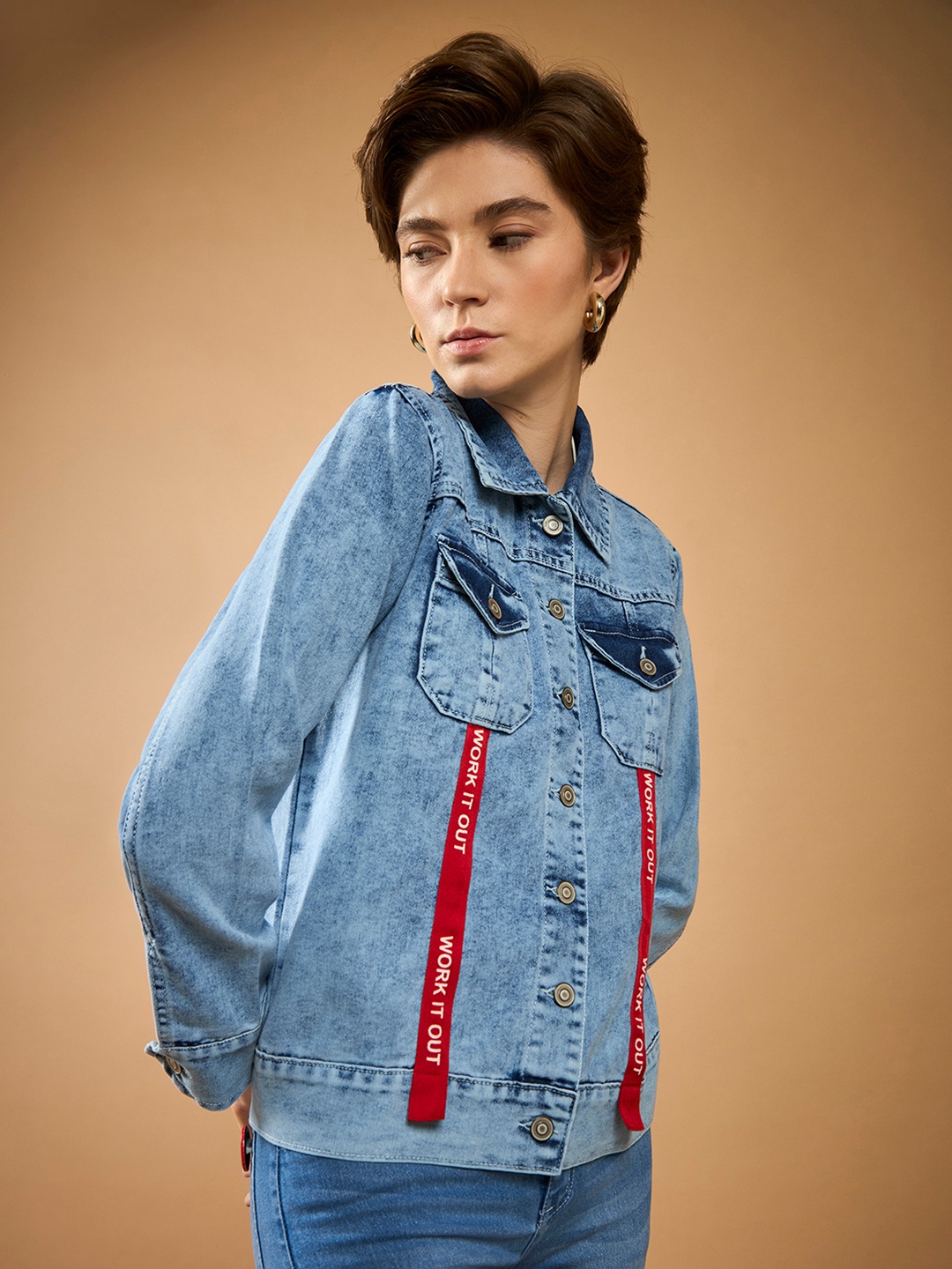 

DOLCE CRUDO Women Washed Denim Jacket with Patchwork, Blue