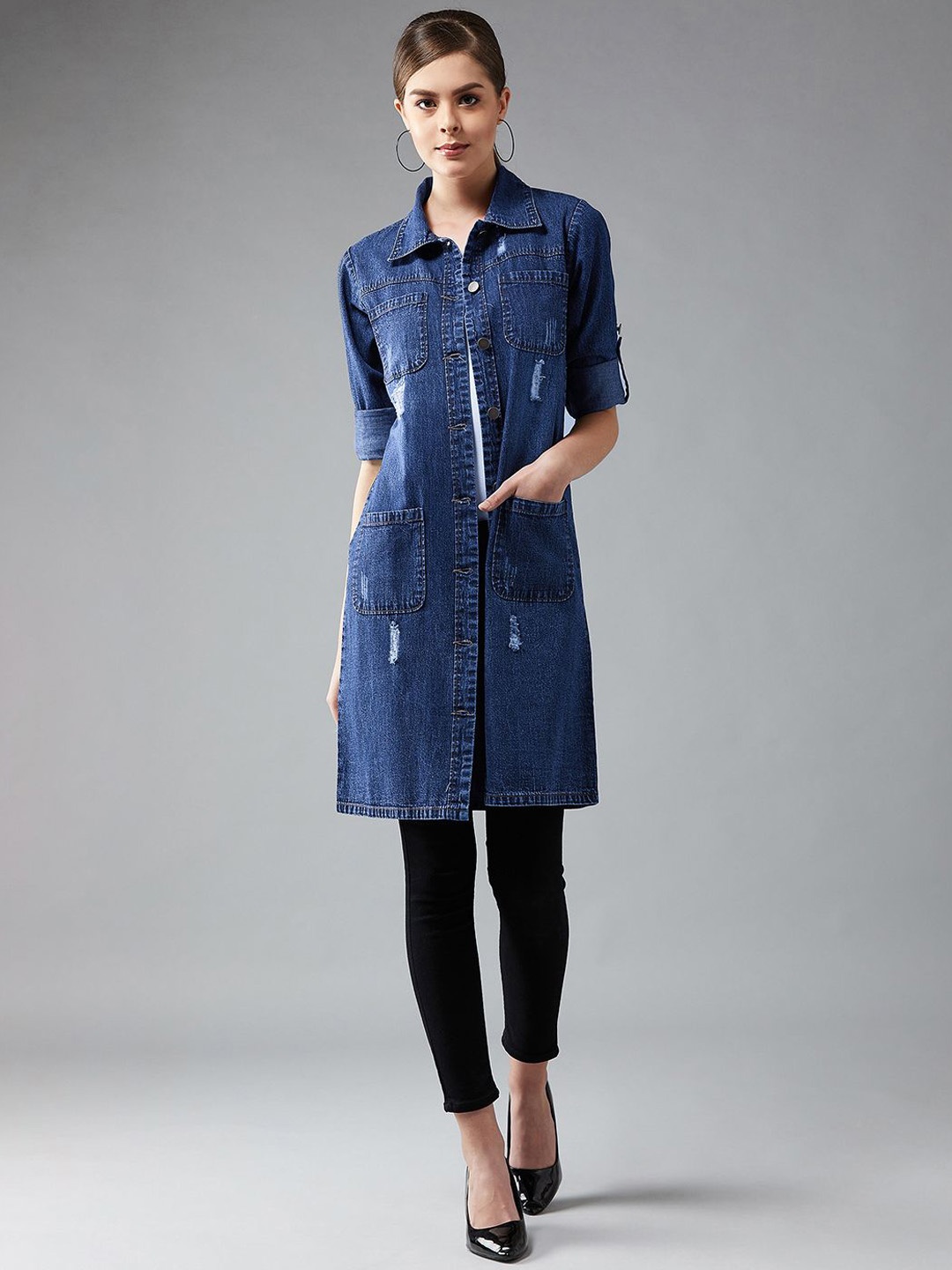 

DOLCE CRUDO Women Washed Longline Denim Jacket, Navy blue