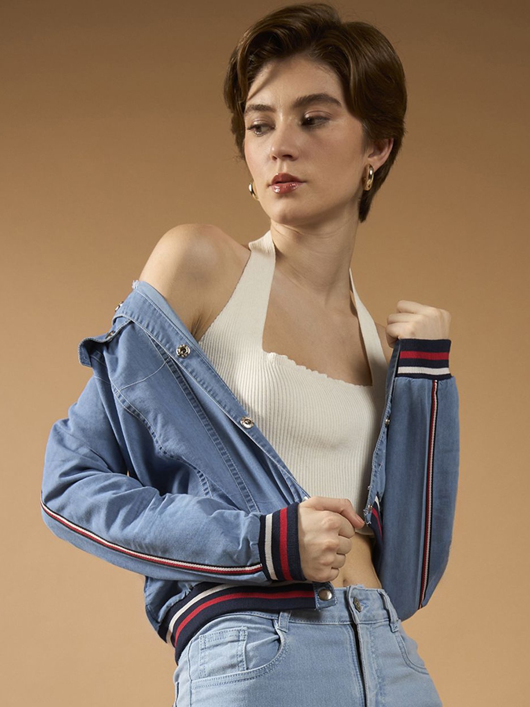 

DOLCE CRUDO Women Washed Bomber Jacket, Blue