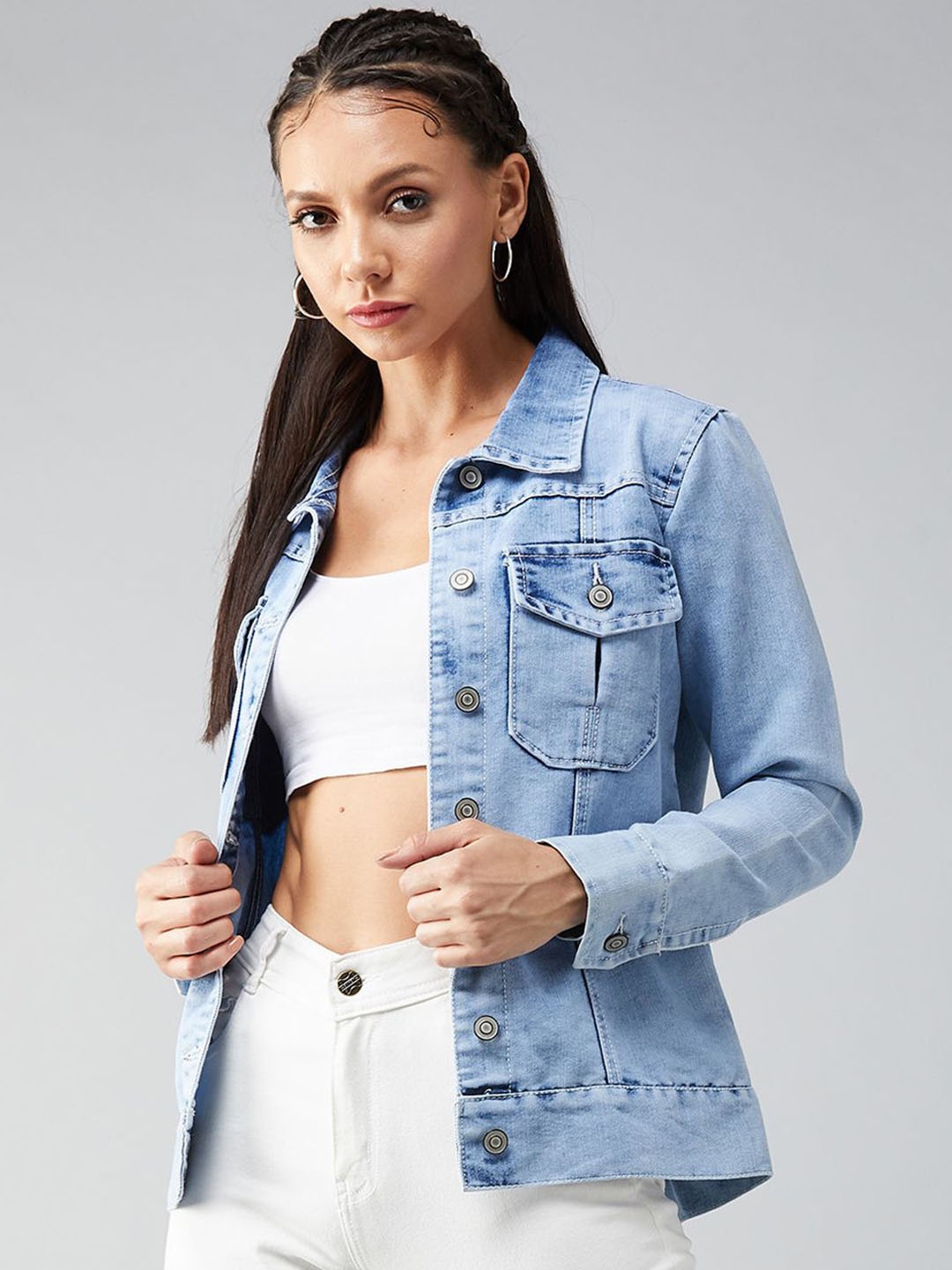 

DOLCE CRUDO Women Washed Denim Jacket with Patchwork, Blue