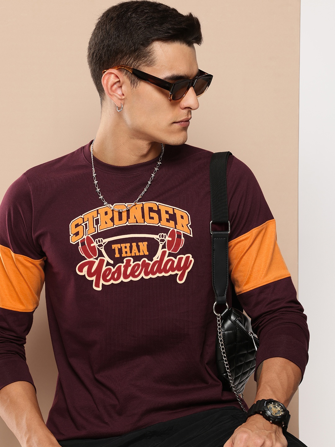 

Difference of Opinion Long Sleeve Colourblocked Typography Printed Pure Cotton T-shirt, Burgundy