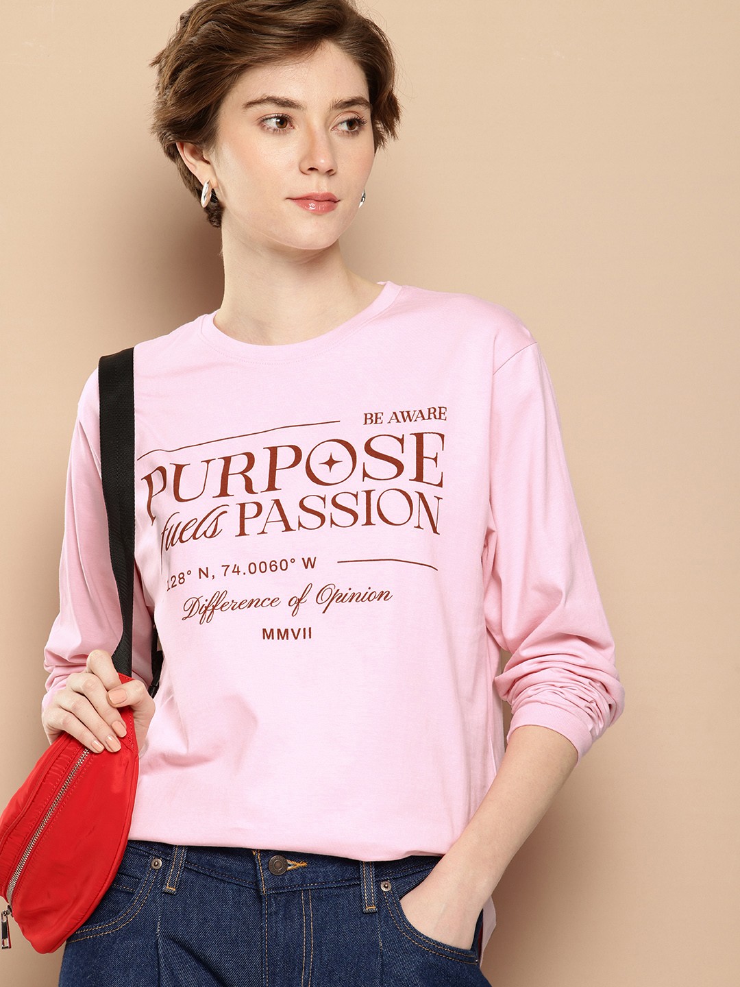 

Difference of Opinion Oversized Fit Long Sleeve Typography Printed T-shirt, Pink