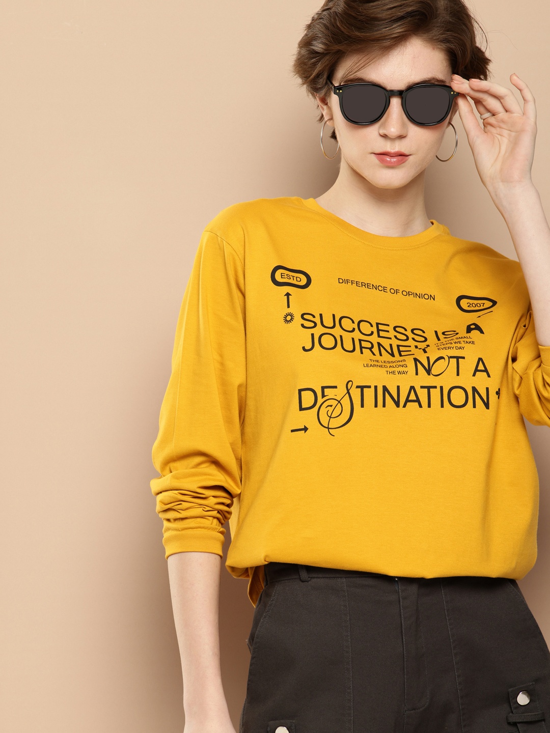 

Difference of Opinion Oversized Fit Long Sleeve Typography Printed Pure Cotton T-shirt, Mustard