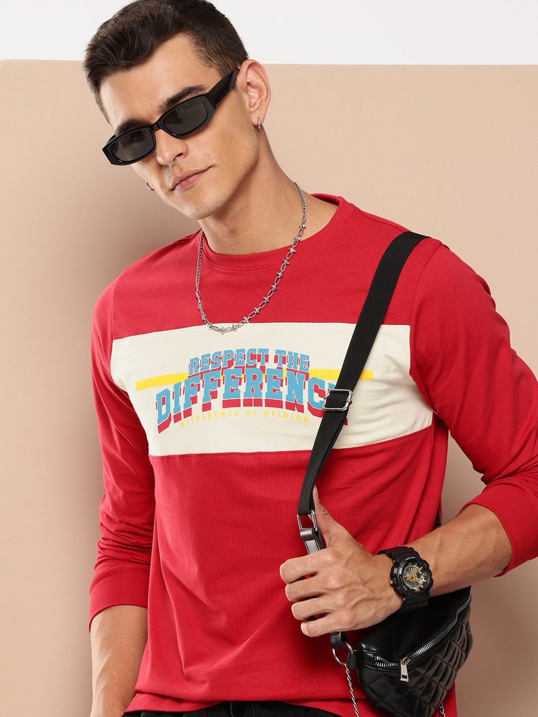 

Difference of Opinion Pure Cotton Colourblocked Typography Printed T-shirt, Red