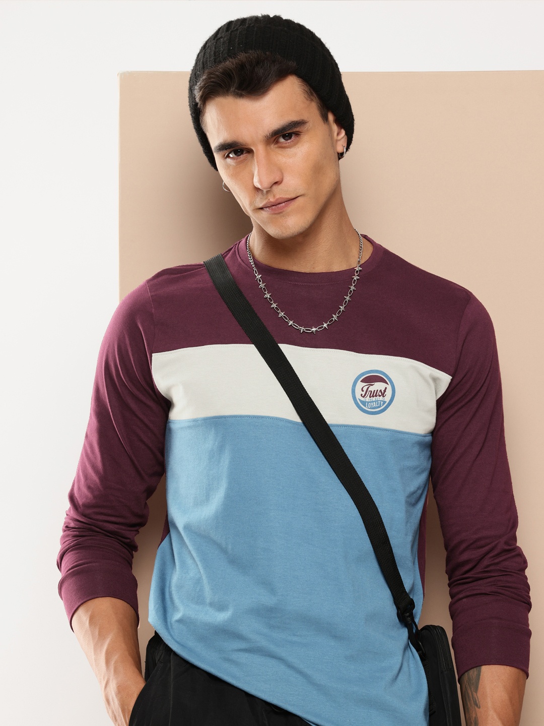 

Difference of Opinion Long Sleeve Colourblocked Pure Cotton T-shirt, Burgundy