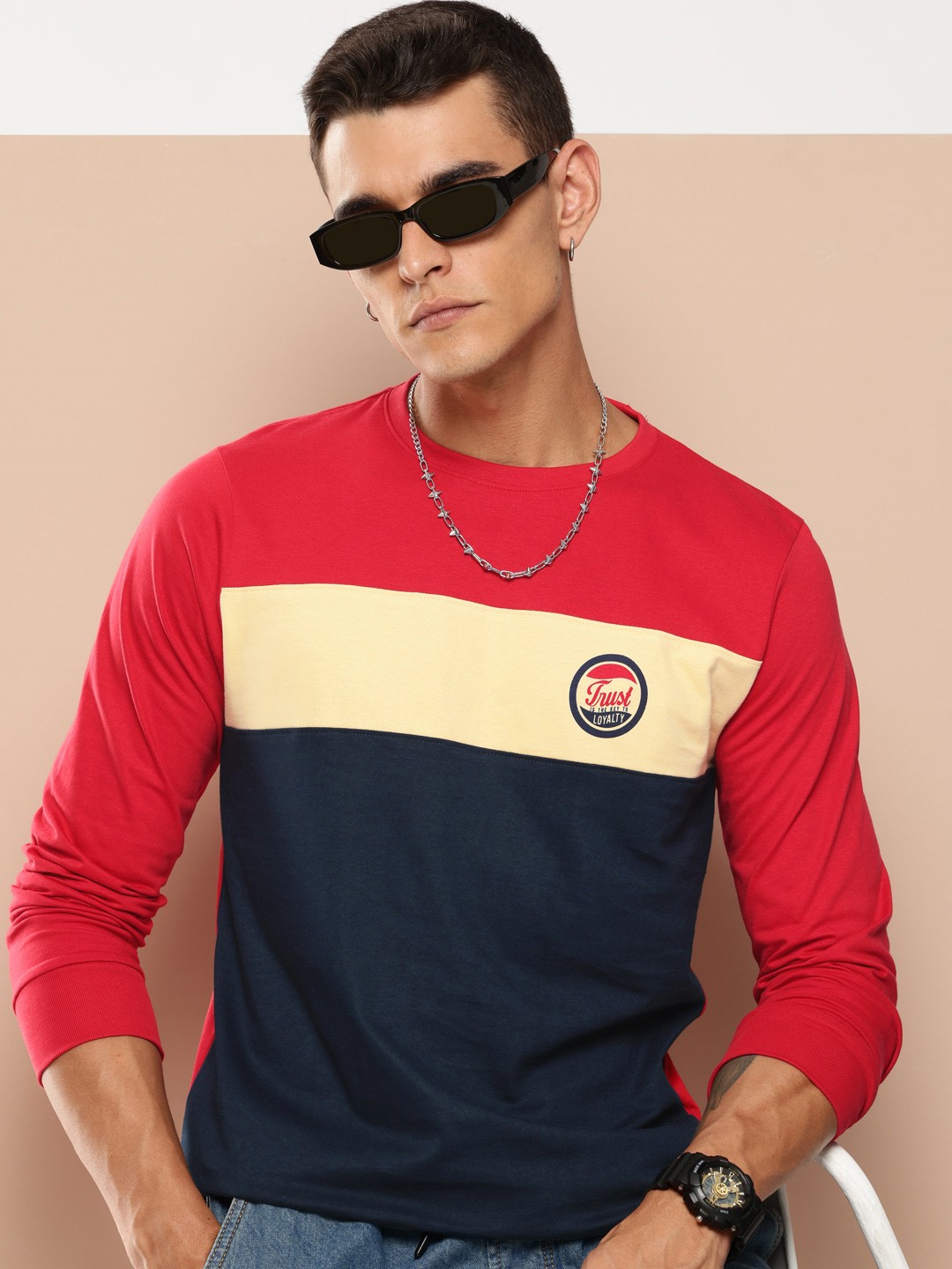 

Difference of Opinion Long Sleeve Colourblocked Pure Cotton T-shirt, Red