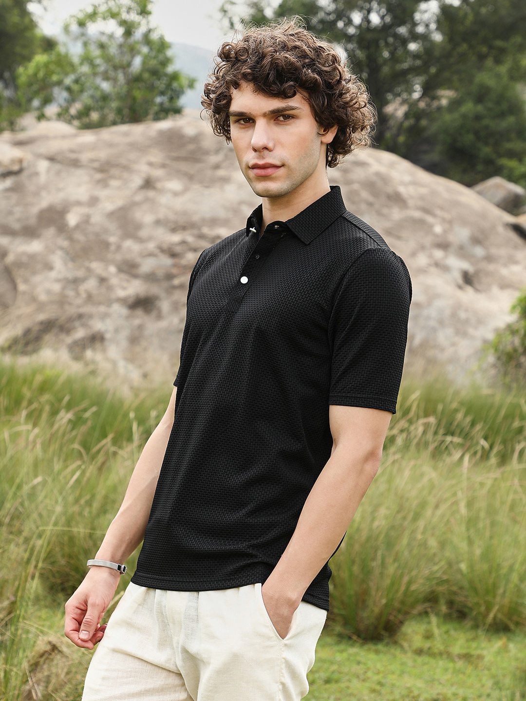 

Campus Sutra Men Polo Collar Pockets T-shirt, Black