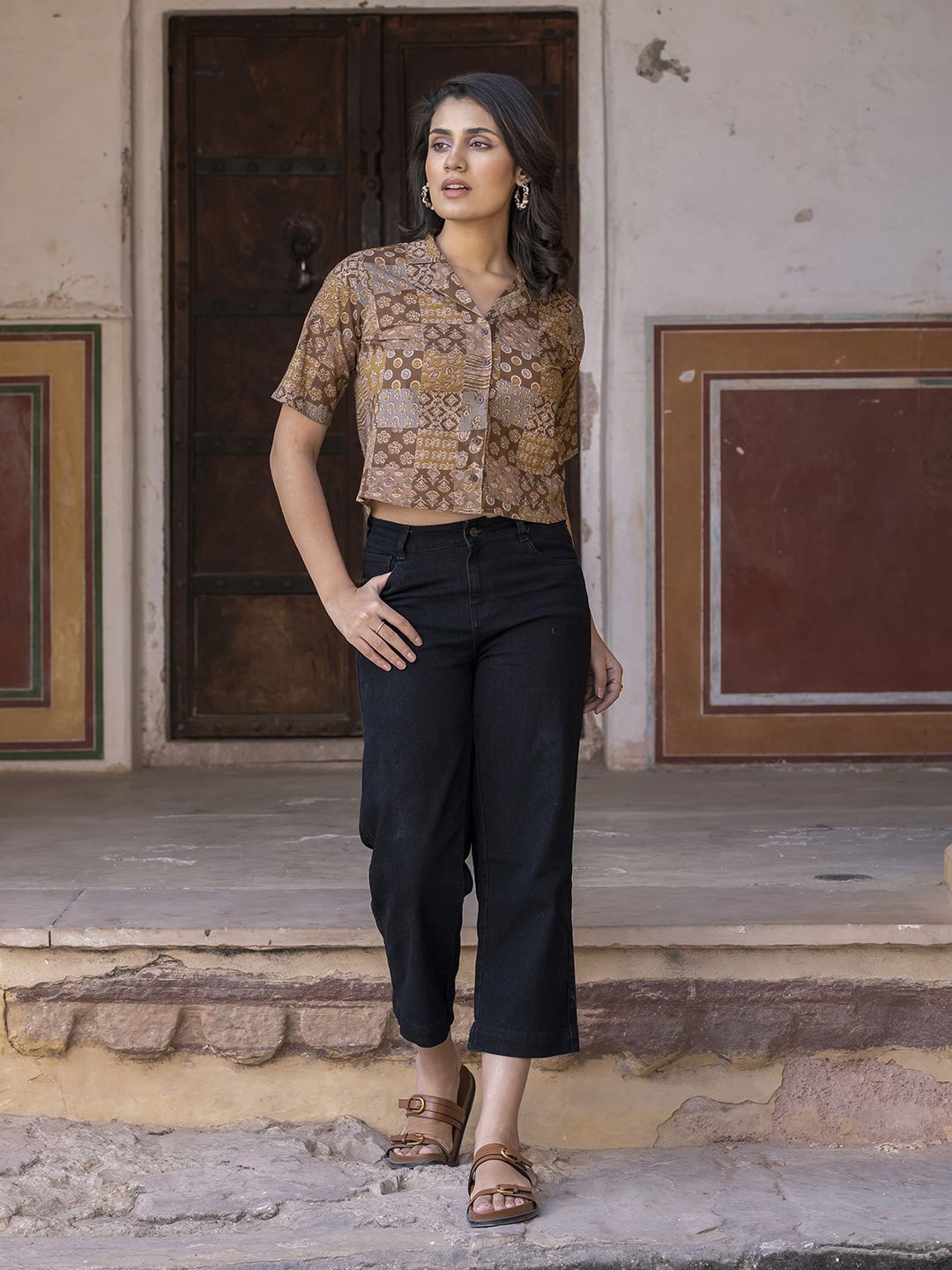 

BAESD Print Cotton Shirt Style Crop Top, Brown
