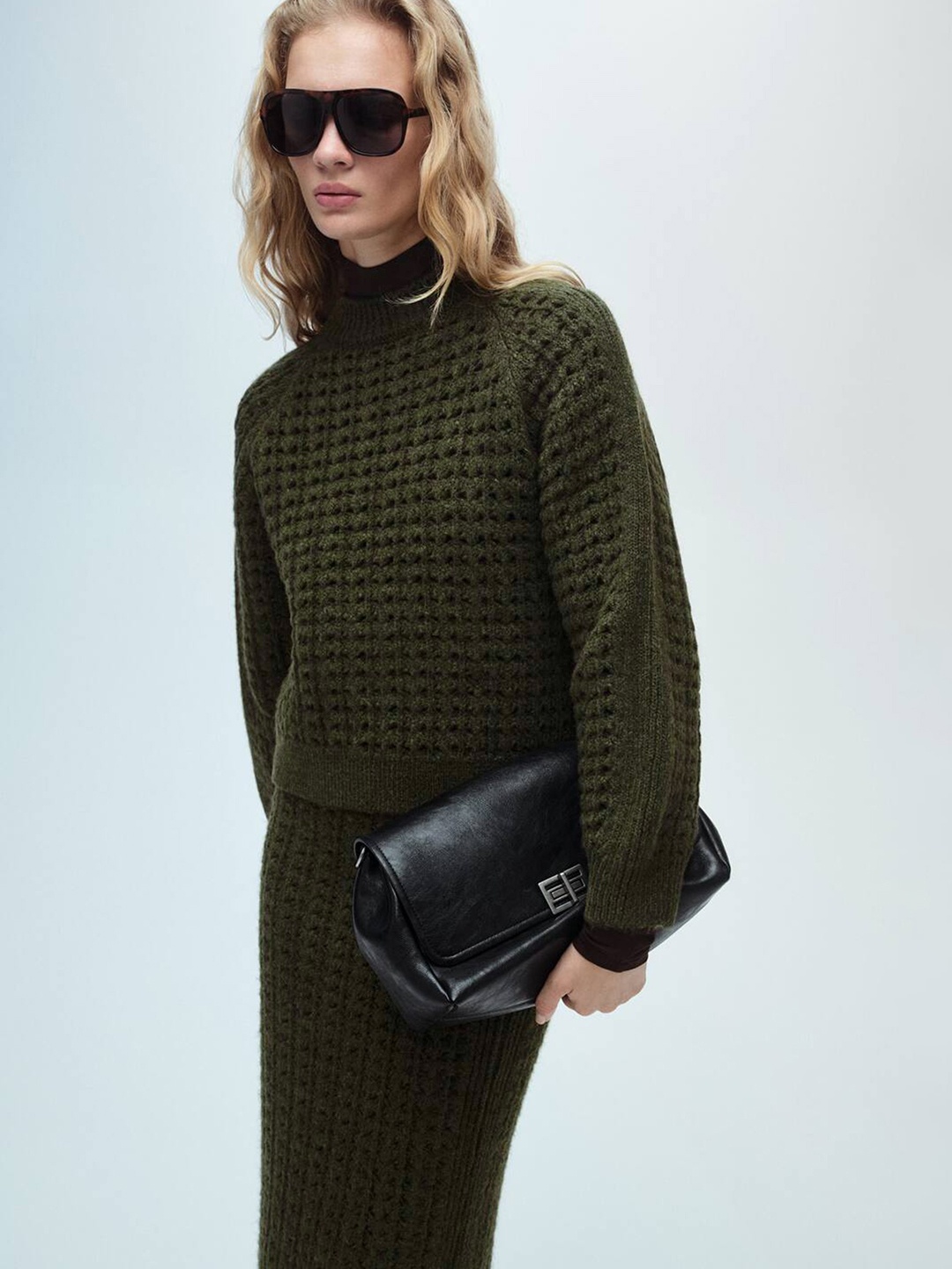 

MANGO Openwork Knit Pullover, Olive