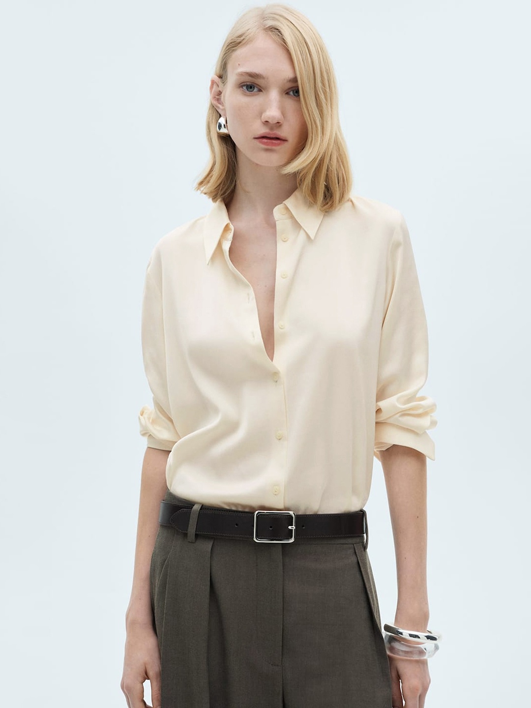 

MANGO Satin Finish Flowy Shirt, Beige