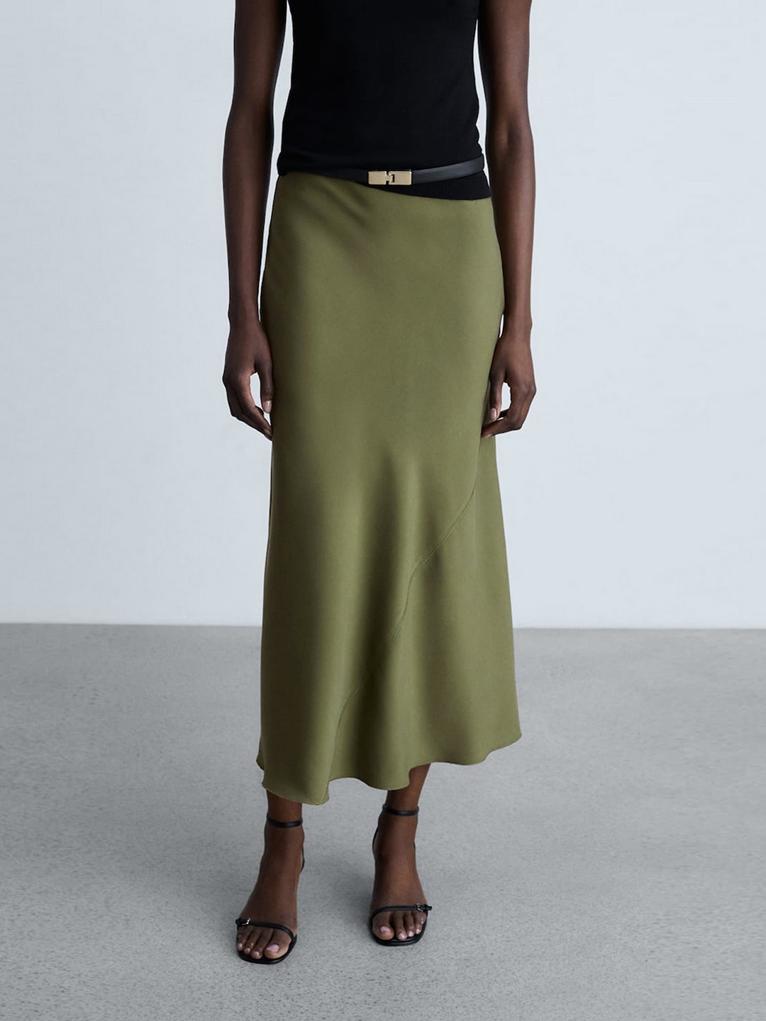 

MANGO Midi Satin Skirt, Olive