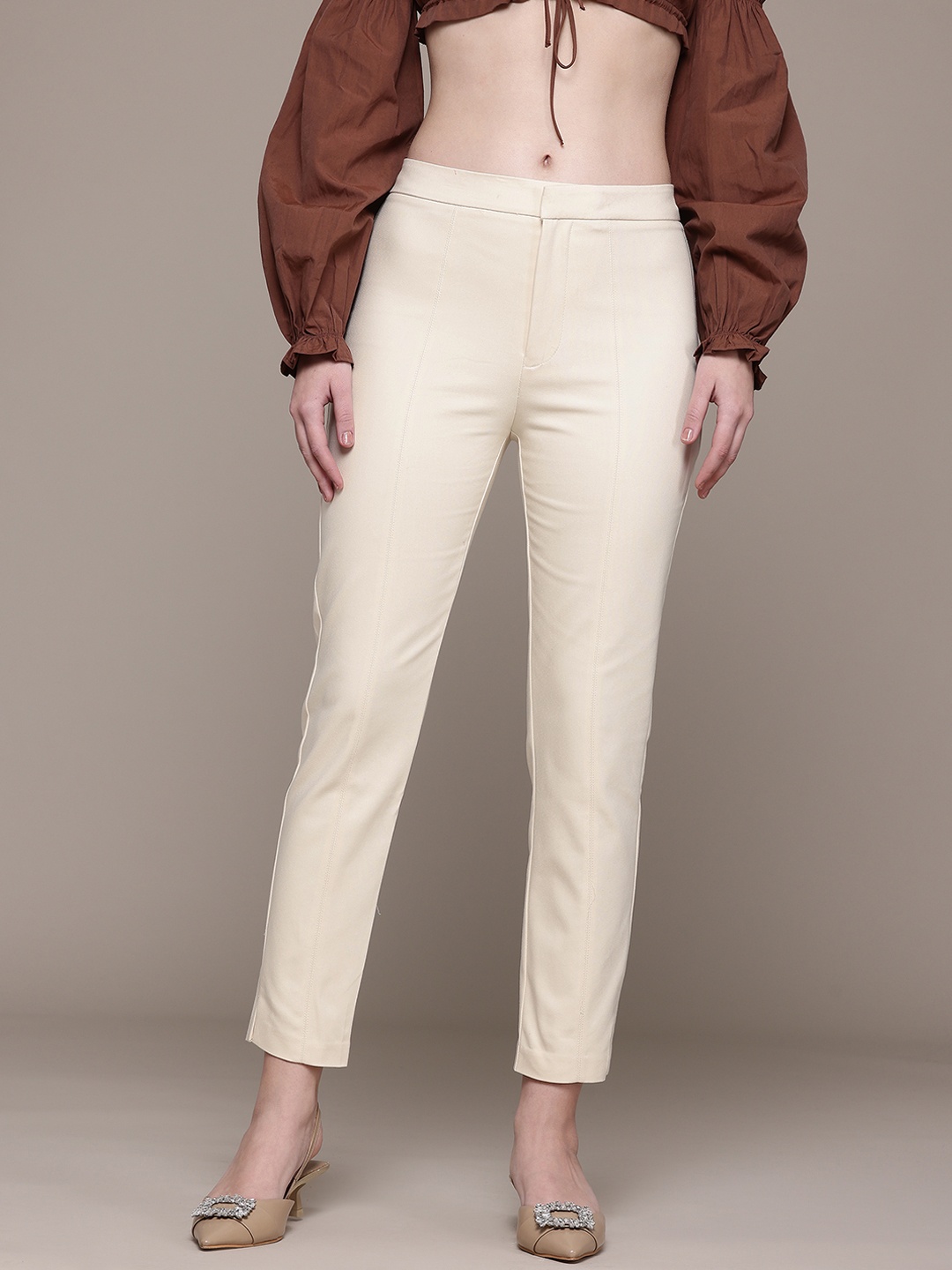 

MANGO Women Cropped Trousers, Cream