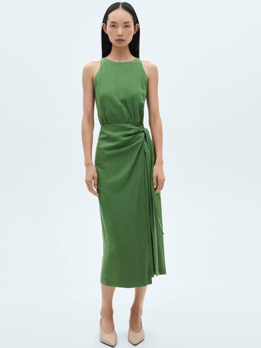 

MANGO A-Line Bow Midi Dress, Green