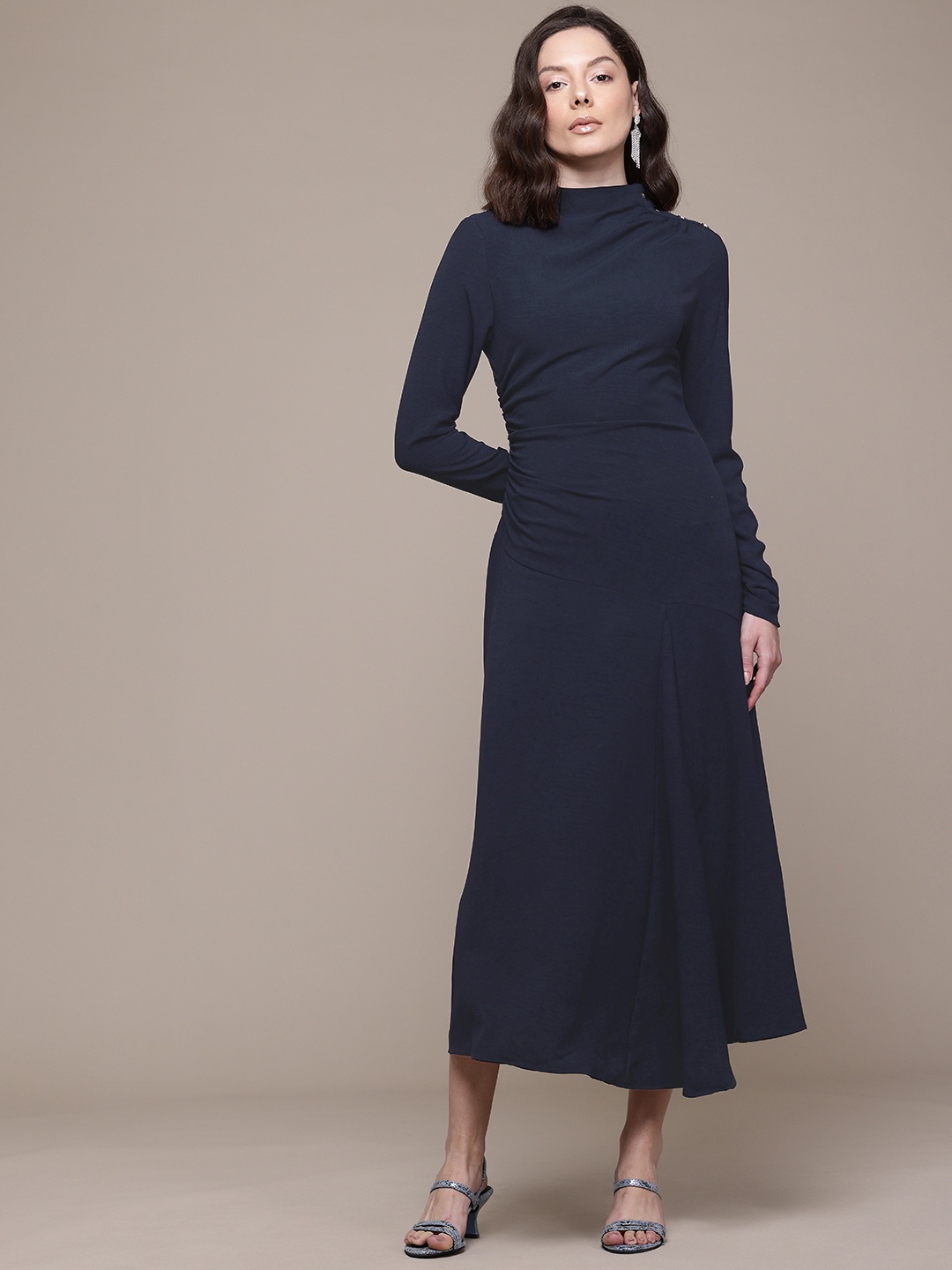 

MANGO Ruched A-Line Midi Dress, Navy blue